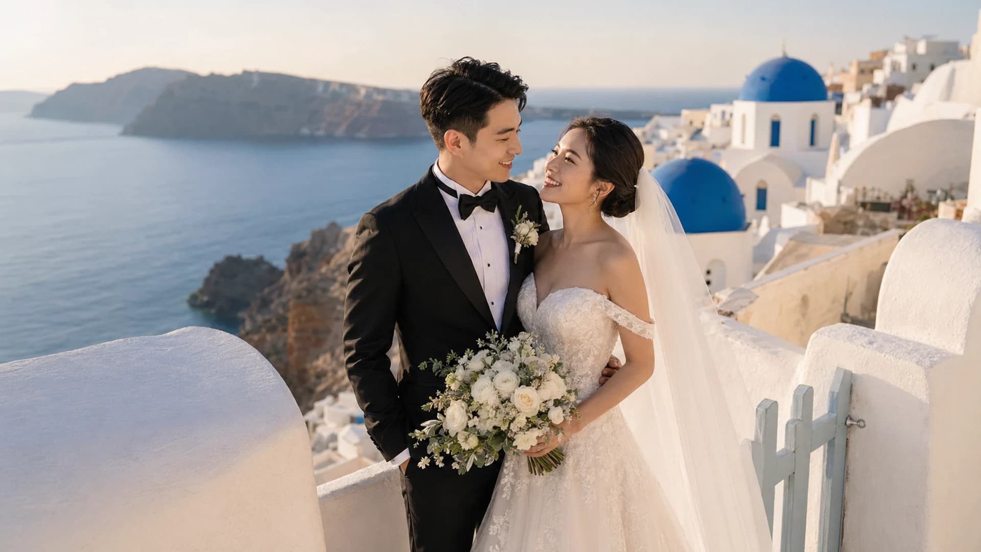 Fictional East Asian couple in a Santorini seaside wedding portrait